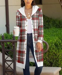 Lily | Red & White Plaid Longline Hooded Cardigan - Women