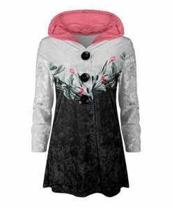 Lily | Black & Pink Floral Color Block Button-Front Velvet Hoodie - Plus