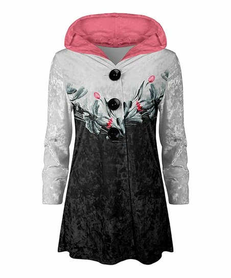 Lily | Black & Pink Floral Color Block Button-Front Velvet Hoodie - Plus 1 Lily | Black & Pink Floral Color Block Button-Front Velvet Hoodie - Plus