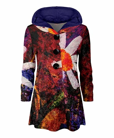 Lily | Rust & Purple Abstract Floral Button-Front Velvet Hoodie - Women 1 Lily | Rust & Purple Abstract Floral Button-Front Velvet Hoodie - Women