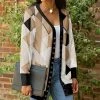 Lily | Beige & Black Geometric Pocket Snap-Button Cardigan - Plus