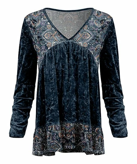 Lily | Teal & Orange Paisley Color Block Velvet V-Neck Tunic - Women 1 Lily | Teal & Orange Paisley Color Block Velvet V-Neck Tunic - Women