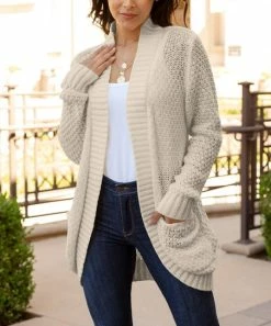 Lily | Cream Waffle-Knit Pocket Open Cocoon Cardigan - Women