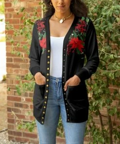 Lily | Black & Red Holly Floral Pocket Snap-Button Cardigan - Women & Plus