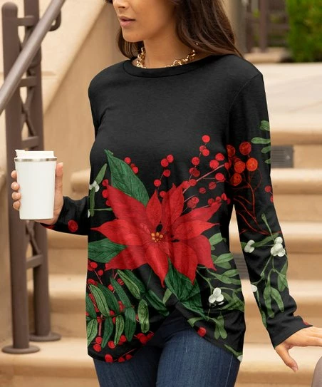 Lily | Black & Red Floral Twist-Front Long-Sleeve Tunic - Plus 1 Lily | Black & Red Floral Twist-Front Long-Sleeve Tunic - Plus