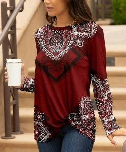 Lily | Red & White Arabesque Twist-Front Long-Sleeve Tunic - Women