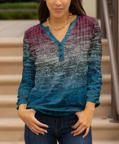 Lily | Blue & Gray Ombré Pleated Three-Quarter Sleeve Tunic - Women & Plus