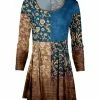 Lily | Brown & Blue Floral Color Block Pleated Scoop Neck Tunic - Women