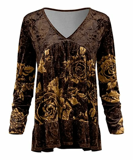 Lily | Brown & Gold Floral Pieced Velvet Empire-Waist Tunic - Women 1 Lily | Brown & Gold Floral Pieced Velvet Empire-Waist Tunic - Women