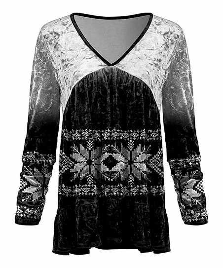 Lily | Black & White Fair Isle Color Block Velvet Empire-Waist Tunic - Plus 1 Lily | Black & White Fair Isle Color Block Velvet Empire-Waist Tunic - Plus