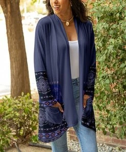 Lily | Lavender & Purple Geometric-Border Patch-Pocket Open Cardigan - Women & Plus