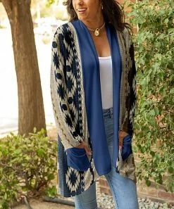 Lily | Beige & Navy Geometric Patch-Pocket Open Cardigan - Women