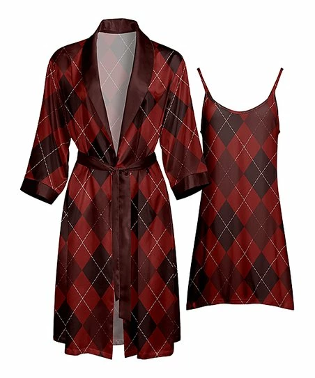 Lily | Red & Burgundy Argyle Robe & Sleeveless Nightgown - Women 1 Lily | Red & Burgundy Argyle Robe & Sleeveless Nightgown - Women