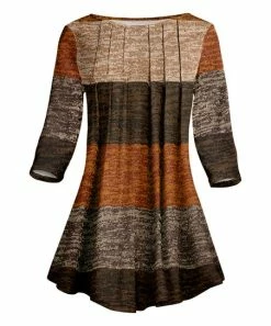 Lily | Heather Brown & Orange Stripe Pleated Three-Quarter Sleeve Boatneck Tunic - Women & Plus