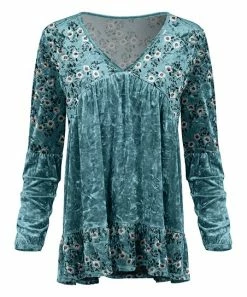 Lily | Aqua & White Floral Velvet V-Neck Swing Tunic - Women