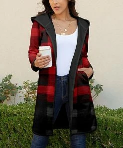 Lily | Black & Red Check Hooded Coat - Plus