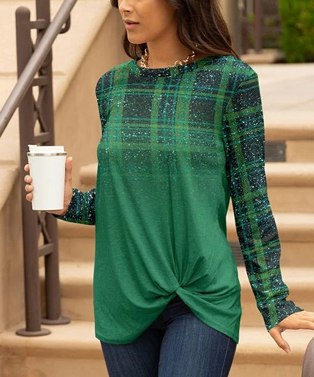 Lily | Green & Gray Plaid Ombré Tie-Front Tunic - Plus 1 Lily | Green & Gray Plaid Ombré Tie-Front Tunic - Plus