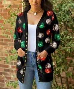 Lily | Black & Green Multicolor Ornament Pocket Button-Front Cardigan - Women