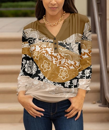 Lily | Brown & Beige Floral Pleated Button-Front Tunic - Women 1 Lily | Brown & Beige Floral Pleated Button-Front Tunic - Women