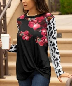 Lily | Black & Pink Floral Jaguar Twist-Front Long-Sleeve Tunic - Women & Plus
