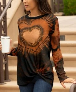 Lily | Black & Rust Tie-Dye Heart Twist-Front Long-Sleeve Tunic - Women