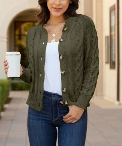 Lily | Olive Knit Button-Up Cardigan - Plus
