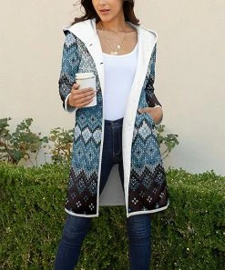 Lily | Blue & Black Geometric Pocket Hooded Sherpa Jacket - Plus
