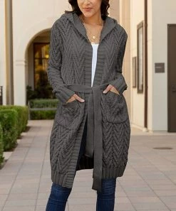 Lily | Dark Gray Knit Pocket Hooded Tie-Waist Cardigan - Women & Plus