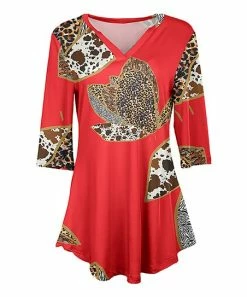 Lily | Red & Brown Animal-Print Patchwork Curved-Hem V-Neck Tunic - Women