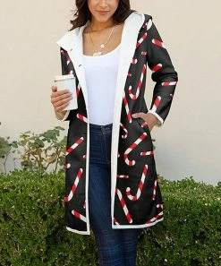 Lily | Black & Red Candy Canes Hooded Pocket Coat - Plus
