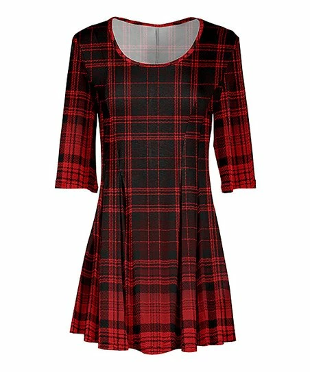 Lily | Black & Red Plaid Pleated Three-Quarter Sleeve Tunic - Women & Plus 1 Lily | Black & Red Plaid Pleated Three-Quarter Sleeve Tunic - Women & Plus