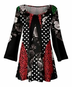 Lily | Black & Red Floral Dot Patchwork Scoop Neck Tunic - Plus