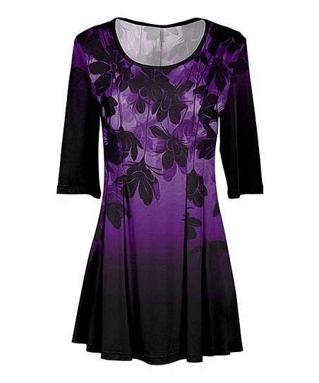 Lily | Black & Purple Floral Pleated Three-Quarter Sleeve Tunic - Women 1 Lily | Black & Purple Floral Pleated Three-Quarter Sleeve Tunic - Women