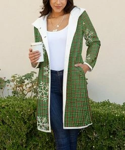 Lily | Green & White Snowflake Plaid Hooded Pocket Coat - Women