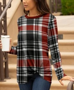 Lily | Black & Red Plaid Long-Sleeve Twist-Hem Tunic - Women