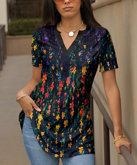 Lily | Black & Yellow Multicolor Floral Notch Neck Tunic - Women 1 Lily | Black & Yellow Multicolor Floral Notch Neck Tunic - Women
