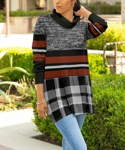Lily | Black & Brown Plaid Stripe Color Block Cowl Neck Tunic - Plus
