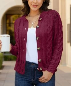 Lily | Dark Rose Cable-Knit Button-Front Cardigan - Women