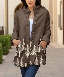 Lily | Brown & Cream Pine Tree Pocket Button-Up Coat - Women