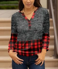 Lily | Gray & Red Plaid Color Block Pleated Button-Front Notch Neck Tunic - Plus