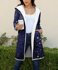 Lily | Navy & White Starry Night Pocket Button-Up Fleece Jacket - Women & Plus