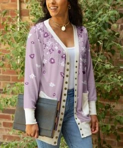 Lily | Lavender & White Floral Snap-Button Cardigan - Women