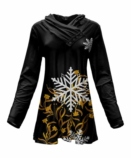 Lily | Black & Gold Snowflake Shawl-Collar Tunic - Women 1 Lily | Black & Gold Snowflake Shawl-Collar Tunic - Women