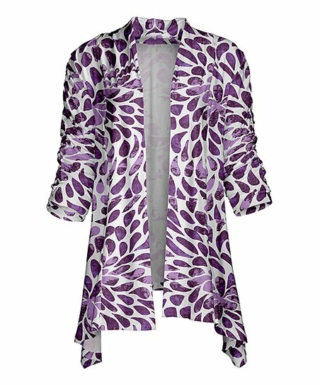 Lily | Purple & Lavender Abstract Teardrops Sidetail Open Cardigan - Women 1 Lily | Purple & Lavender Abstract Teardrops Sidetail Open Cardigan - Women