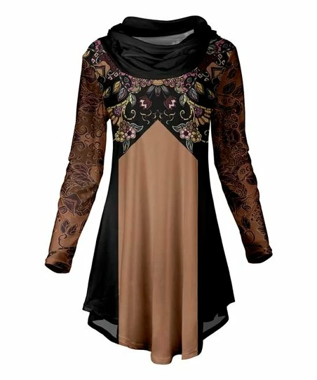 Lily | Black & Brown Floral Cowl Neck Curved-Hem Tunic - Women 1 Lily | Black & Brown Floral Cowl Neck Curved-Hem Tunic - Women