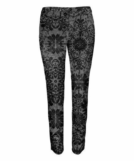 Lily | Gray & Black Medallion Velvet Skinny Pants - Women 1 Lily | Gray & Black Medallion Velvet Skinny Pants - Women