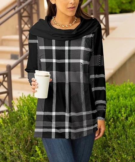 Lily | Black & White Plaid Boatneck Tunic - Women 1 Lily | Black & White Plaid Boatneck Tunic - Women