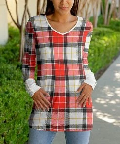 Lily | Red & Black Plaid Button-Sleeve V-Neck Tunic - Plus