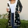 Lily | Black & White Snowflakes Button-Up Hooded Sherpa Jacket - Plus
