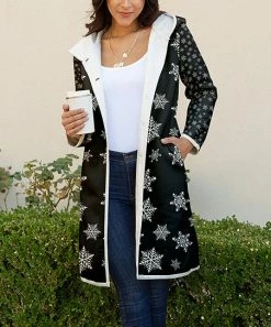 Lily | Black & White Snowflakes Button-Up Hooded Sherpa Jacket - Plus